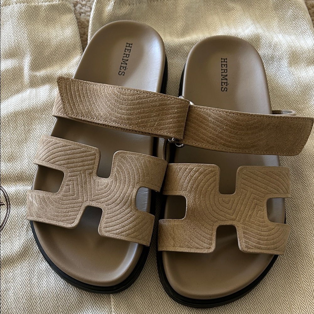 Hermes Suede Goatskin Chypre Sandals 37 Beige Sable